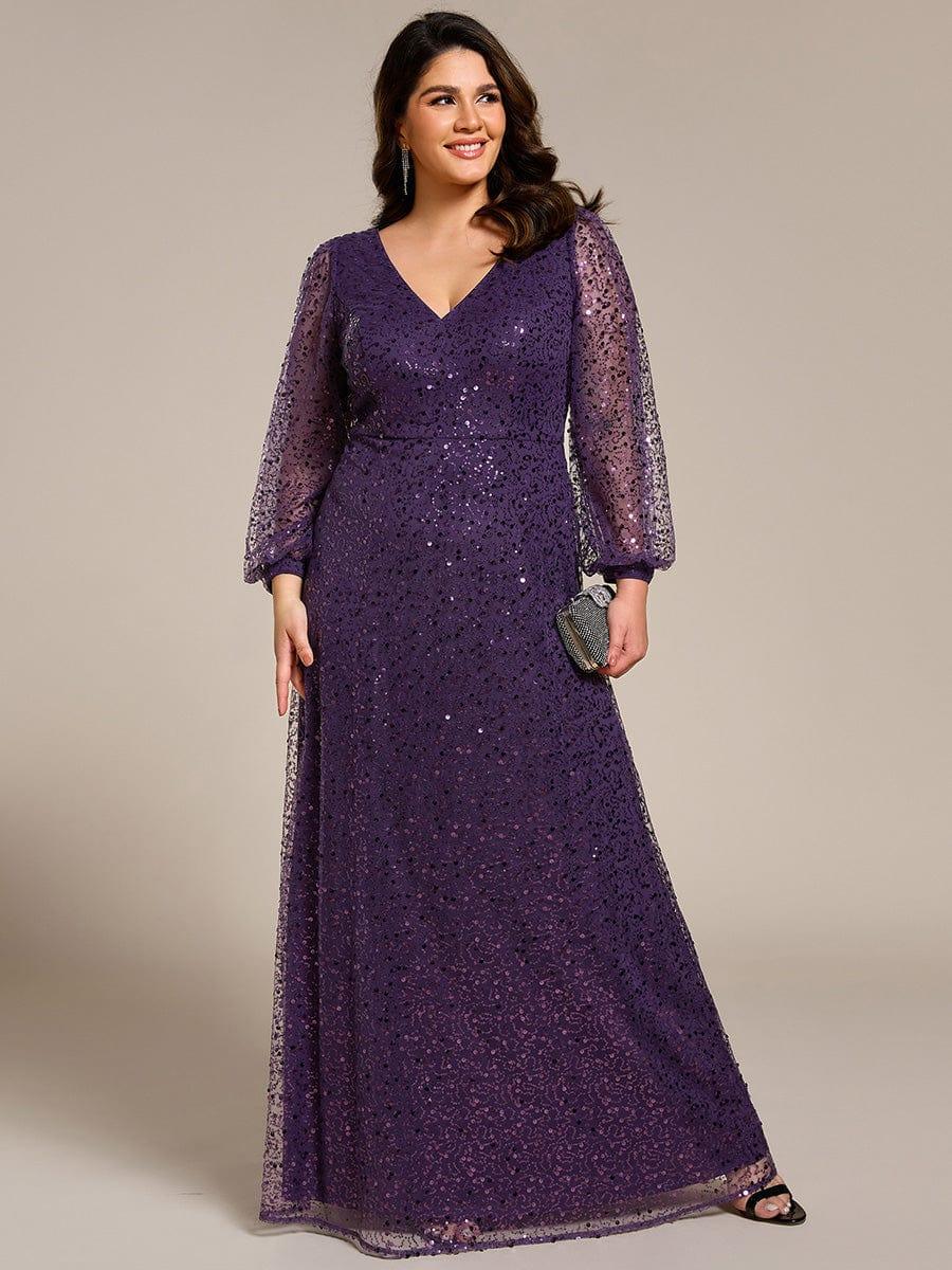 Plus Size V-Neck Lantern Long Sleeve Sequin A-Line Evening Dress #color_Dark Purple