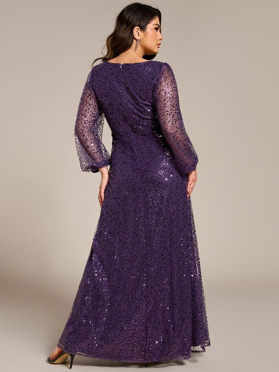 Plus Size V-Neck Lantern Long Sleeve Sequin A-Line Evening Dress #color_Dark Purple