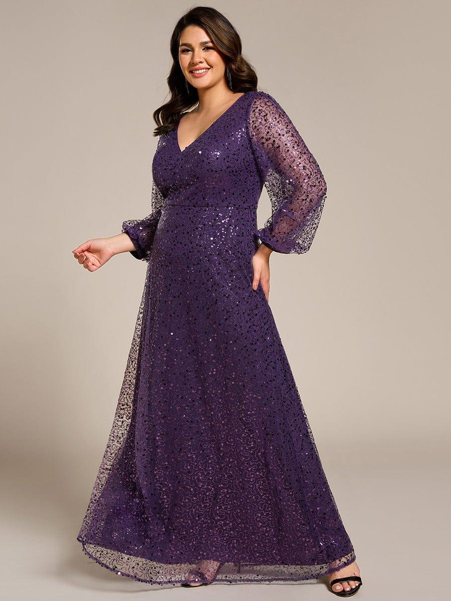 Plus Size V-Neck Lantern Long Sleeve Sequin A-Line Evening Dress #color_Dark Purple