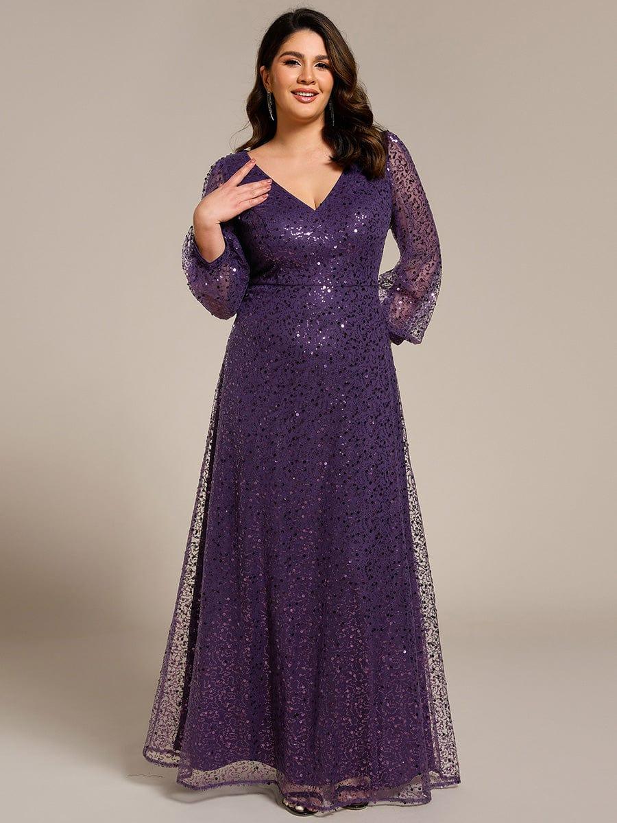 Plus Size V-Neck Lantern Long Sleeve Sequin A-Line Evening Dress #color_Dark Purple
