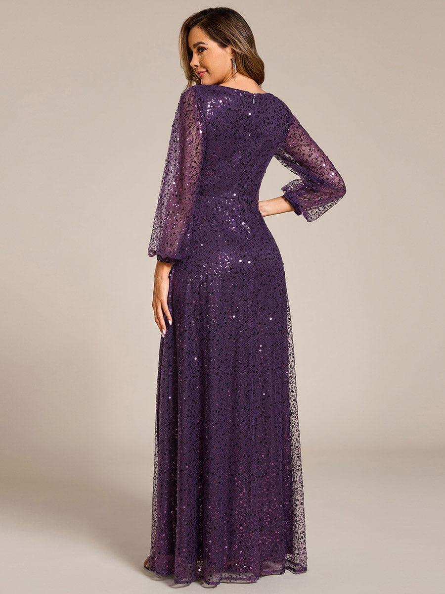 Shimmering All Over V-Neck Long Lantern Sleeve Sequin A-Line Evening Dress #color_Dark Purple