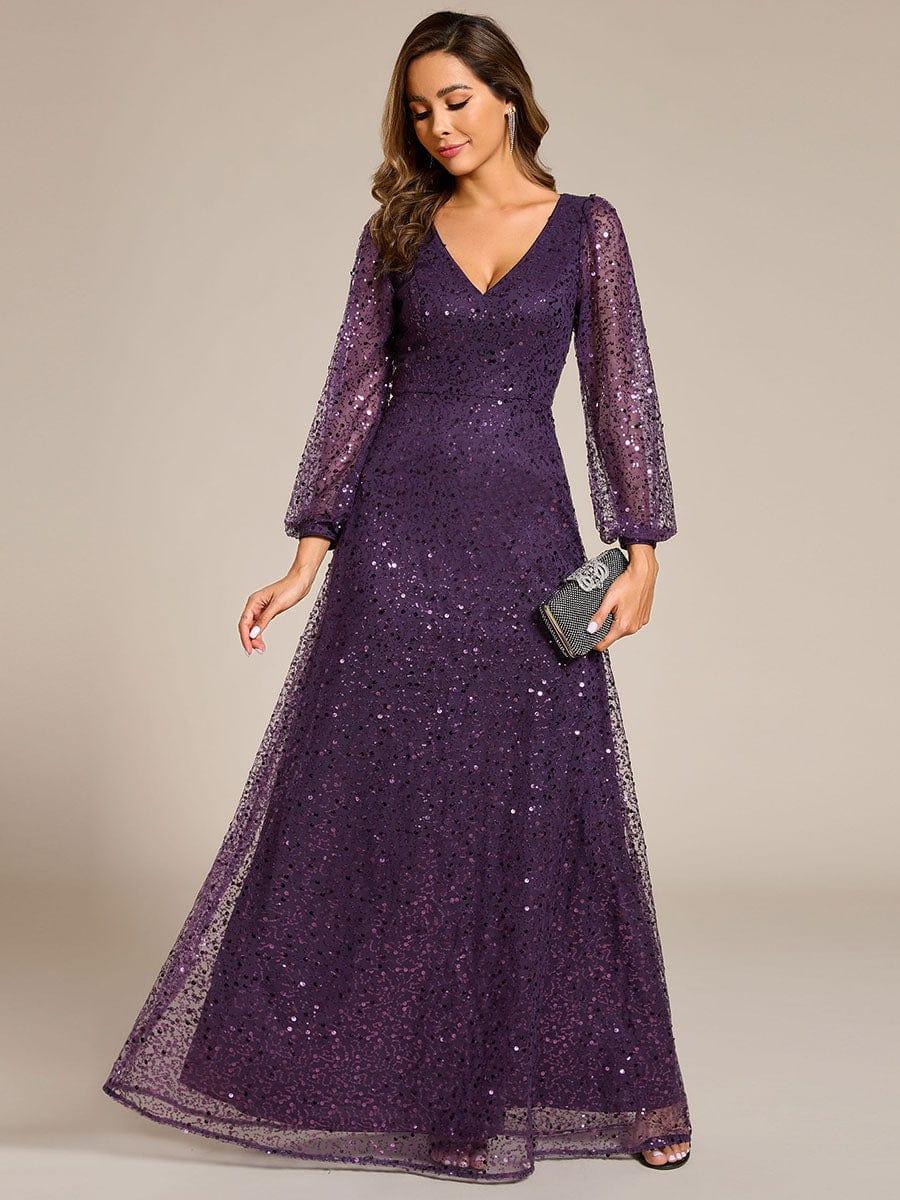 Shimmering All Over V-Neck Long Lantern Sleeve Sequin A-Line Evening Dress #color_Dark Purple