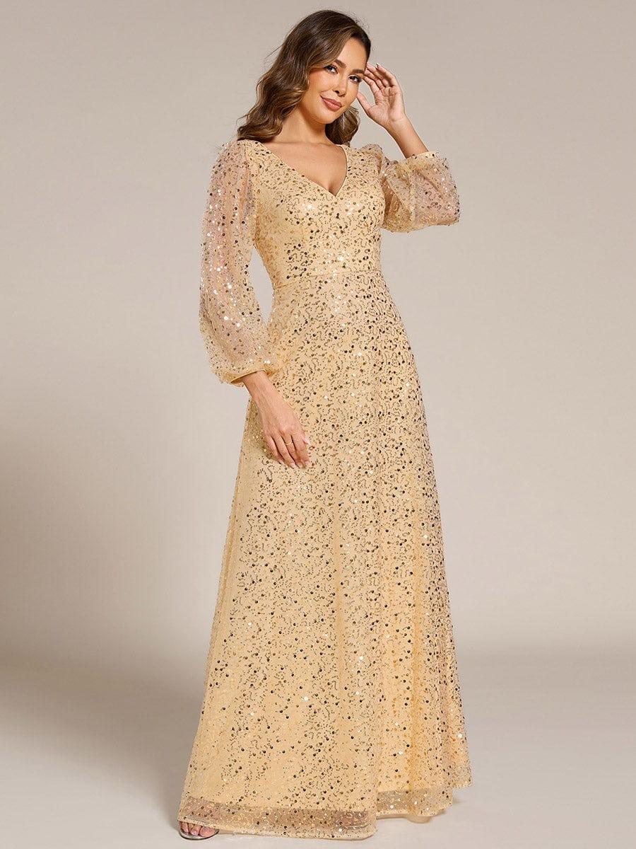 Shimmering All Over V-Neck Long Lantern Sleeve Sequin A-Line Evening Dress #color_Gold