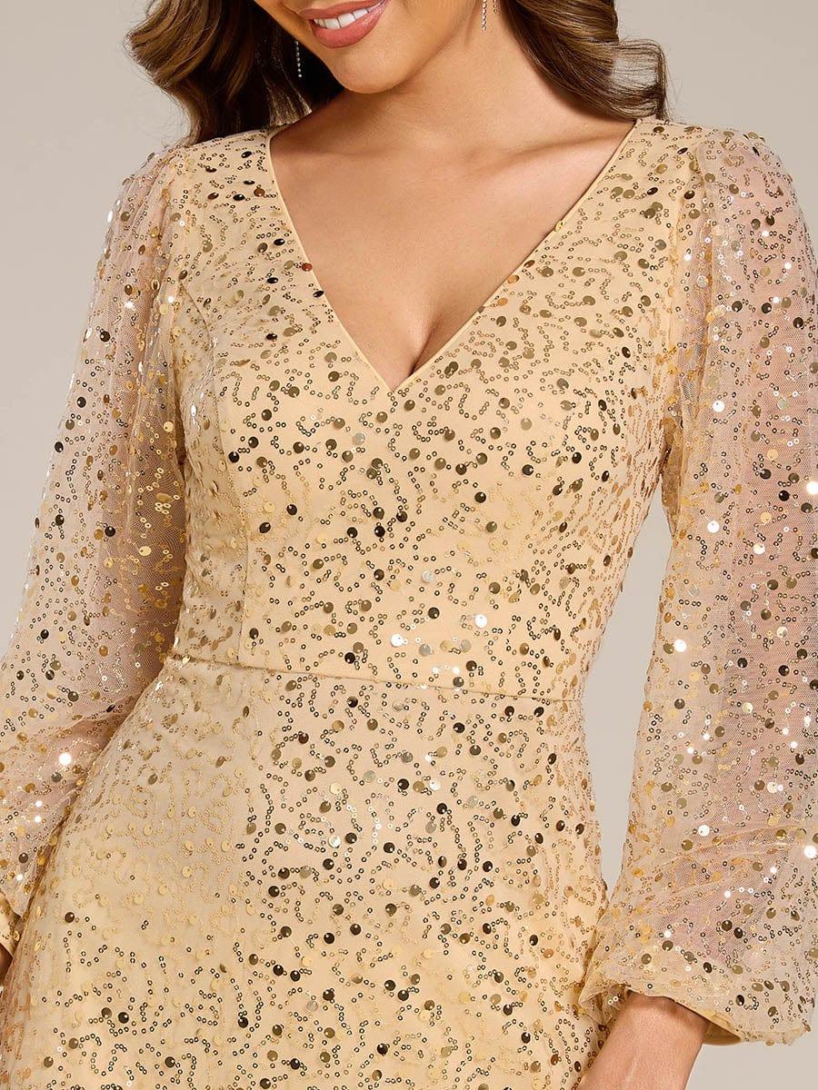 Shimmering All Over V-Neck Long Lantern Sleeve Sequin A-Line Evening Dress #color_Gold