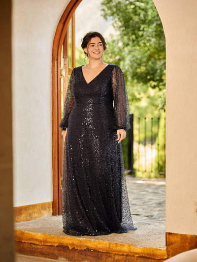 Plus Size V-Neck Lantern Long Sleeve Sequin A-Line Evening Dress #color_Navy Blue
