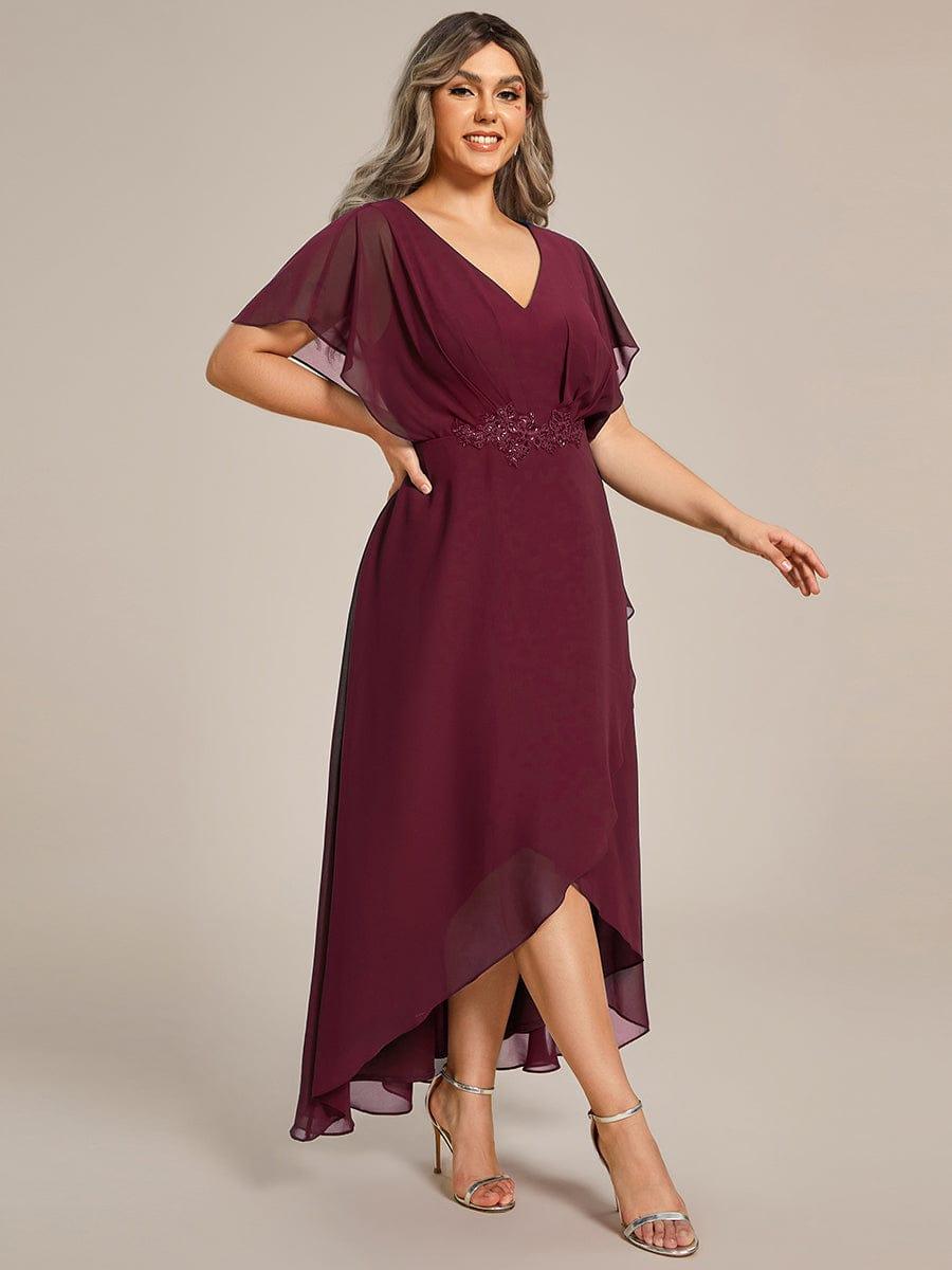 Plus Size Chiffon Midi A-Line Ruffle Sleeves Bridesmaid Dress #color_Burgundy