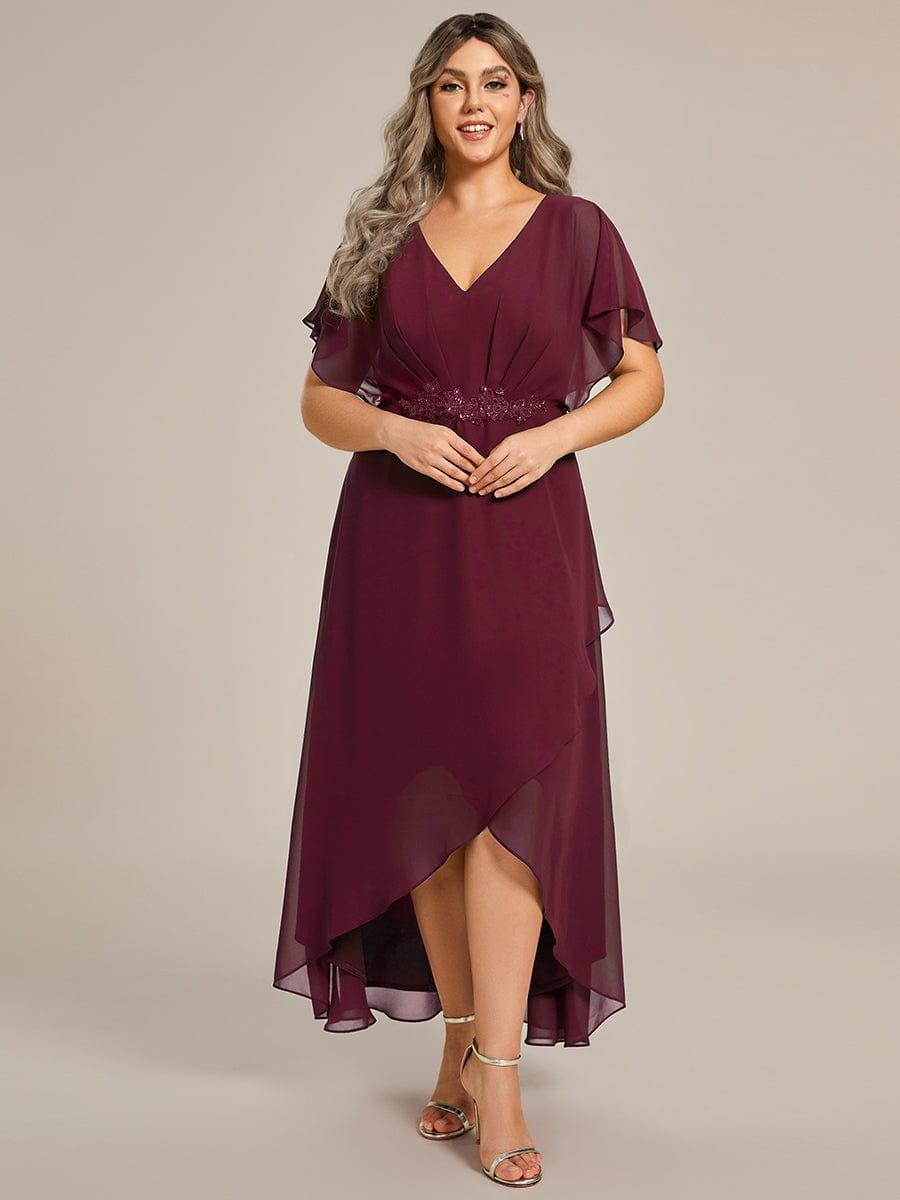 Plus Size V-Neck Chiffon Bat-Wing Sleeve A-Line Waist Applique Formal Dress #color_Burgundy