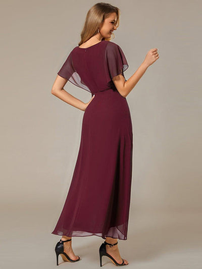 Plus Size V-Neck Chiffon Bat-Wing Sleeve A-Line Waist Applique Formal Dress #color_Burgundy