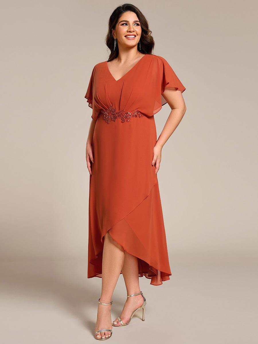 Plus Size Chiffon Midi A-Line Ruffle Sleeves Bridesmaid Dress #color_Burnt Orange