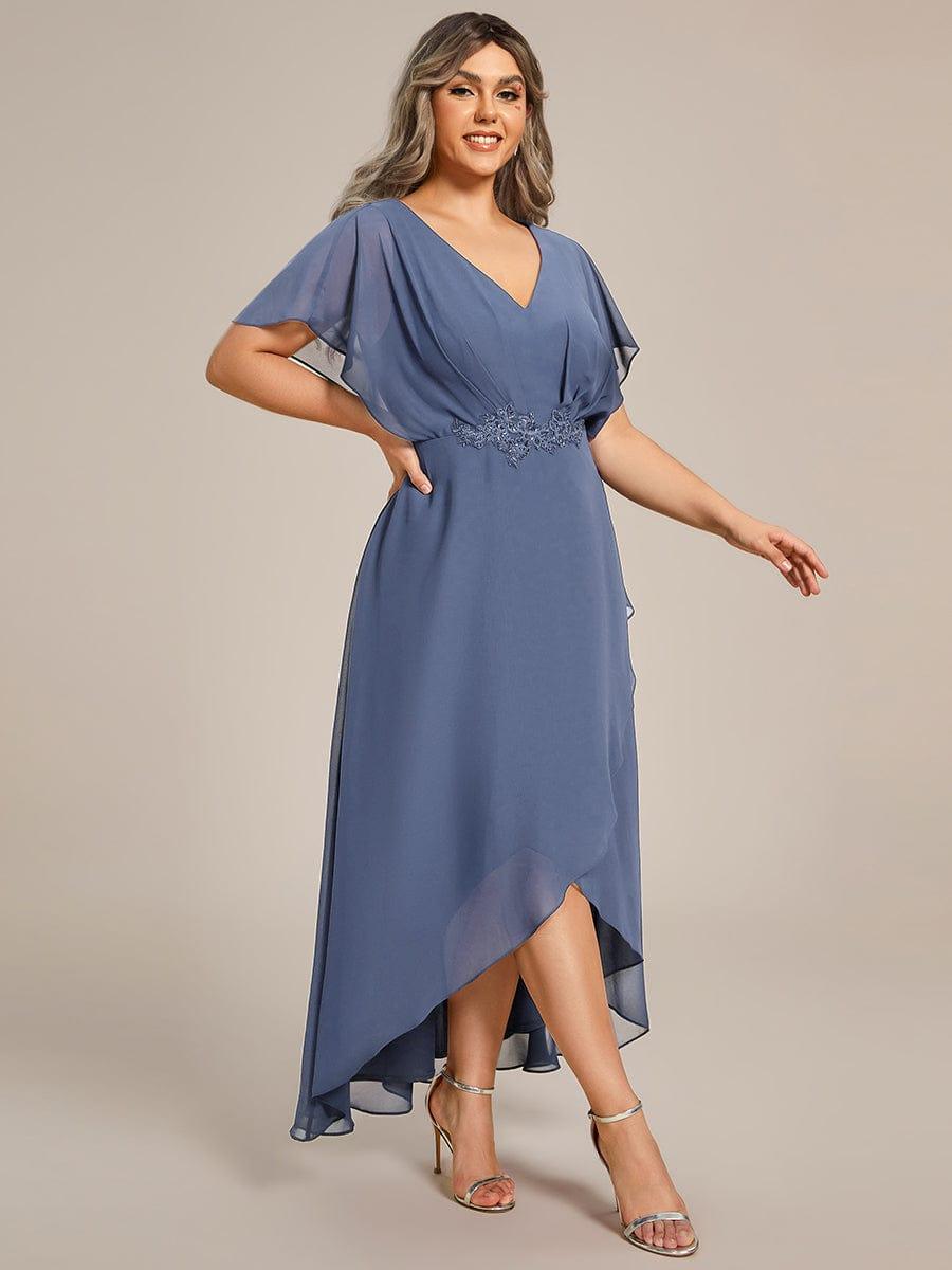 Plus Size Chiffon Midi A-Line Ruffle Sleeves Bridesmaid Dress #color_Dusty Blue