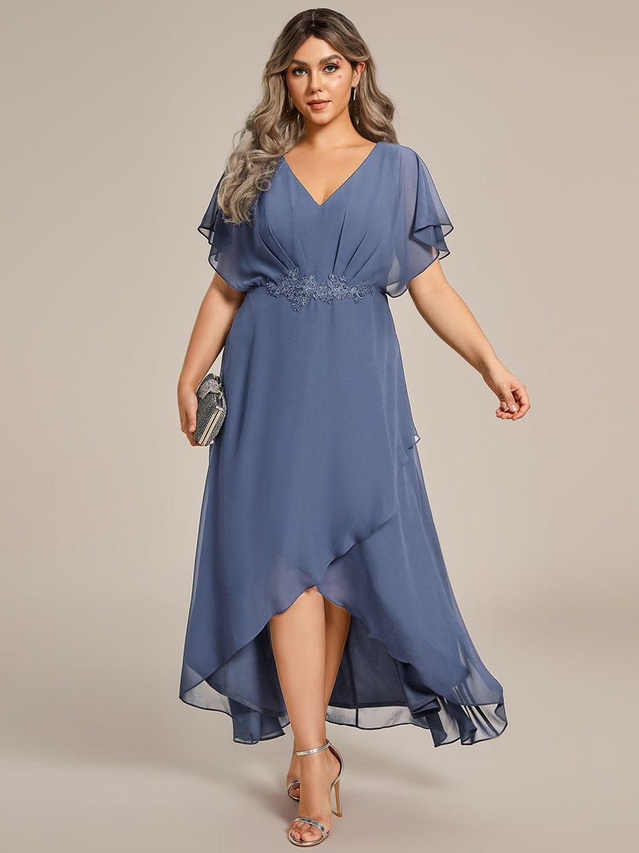 Plus Size V-Neck Chiffon Bat-Wing Sleeve A-Line Waist Applique Formal Dress #color_Dusty Navy