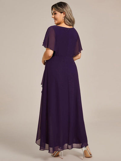 Plus Size Chiffon Midi A-Line Ruffle Sleeves Bridesmaid Dress #color_Dark Purple