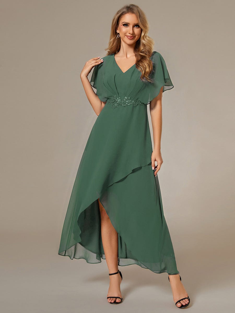 Plus Size V-Neck Chiffon Bat-Wing Sleeve A-Line Waist Applique Formal Dress #color_Eucalyptus