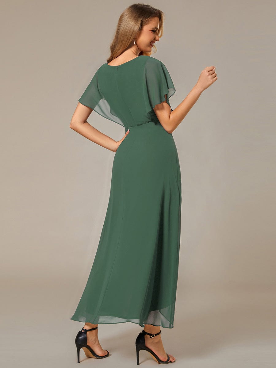 Plus Size V-Neck Chiffon Bat-Wing Sleeve A-Line Waist Applique Formal Dress #color_Eucalyptus