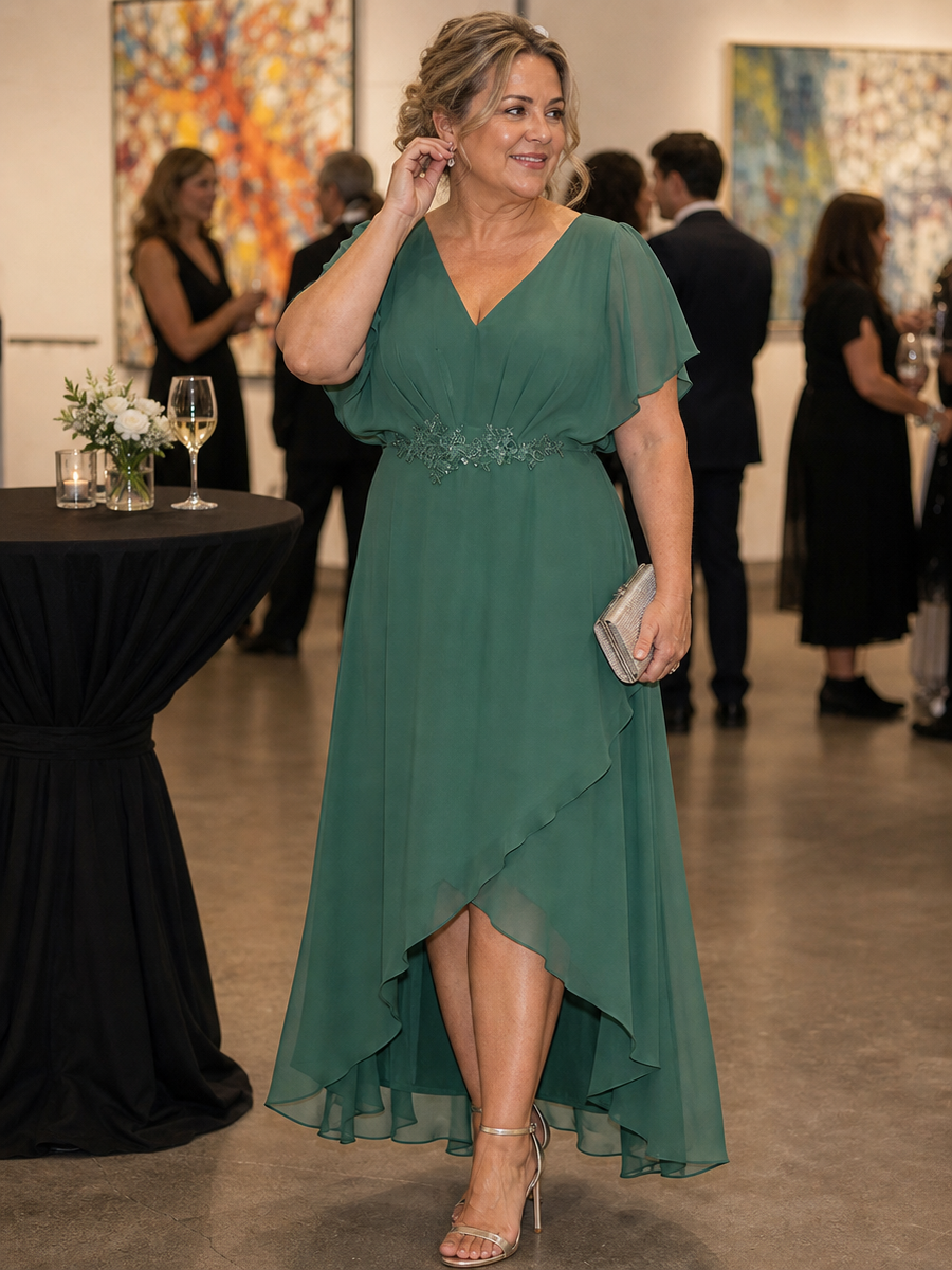 Flattering Plus Size V-Neck Chiffon Formal Dress with Bat-Wing Sleeves