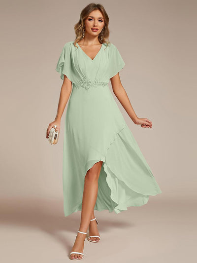 Plus Size V-Neck Chiffon Bat-Wing Sleeve A-Line Waist Applique Formal Dress #color_Mint Green
