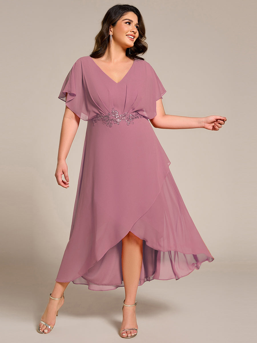 Elegant Short Sleeves A-Line Waist Applique Formal Dress with Lotus Leaf Hem #color_Purple Orchid
