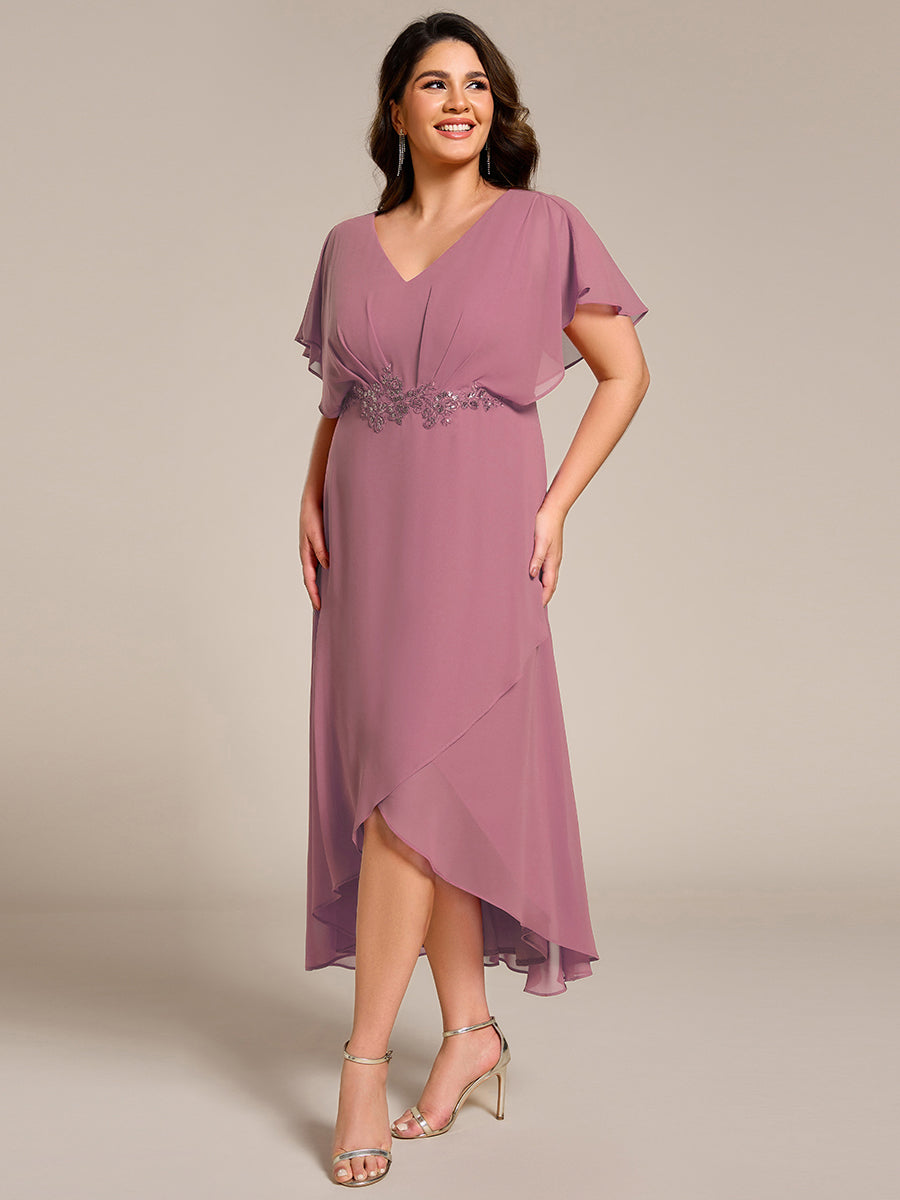 Plus Size V-Neck Chiffon Bat-Wing Sleeve A-Line Waist Applique Formal Dress #color_Purple Orchid
