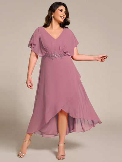 pretty LILAS|Plus Size V-Neck Chiffon Bat-Wing Sleeve A-Line Waist Applique Formal Dress