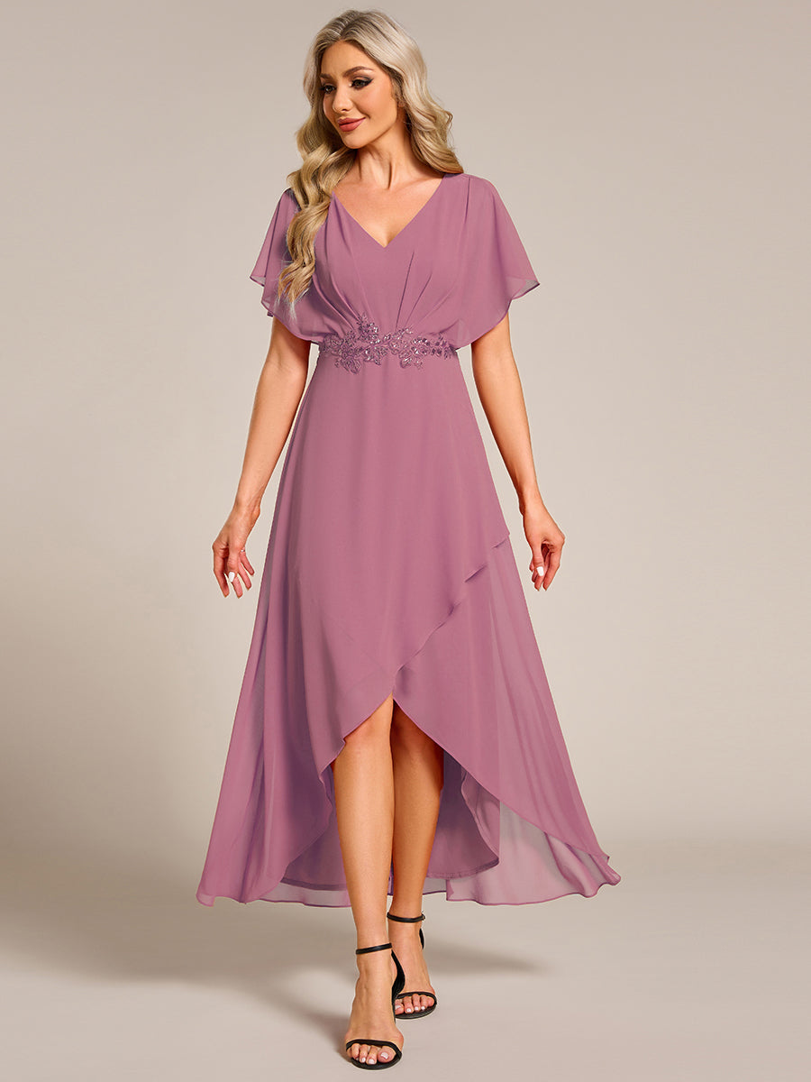 Elegant Short Sleeves A-Line Waist Applique Formal Dress with Lotus Leaf Hem #color_Purple Orchid