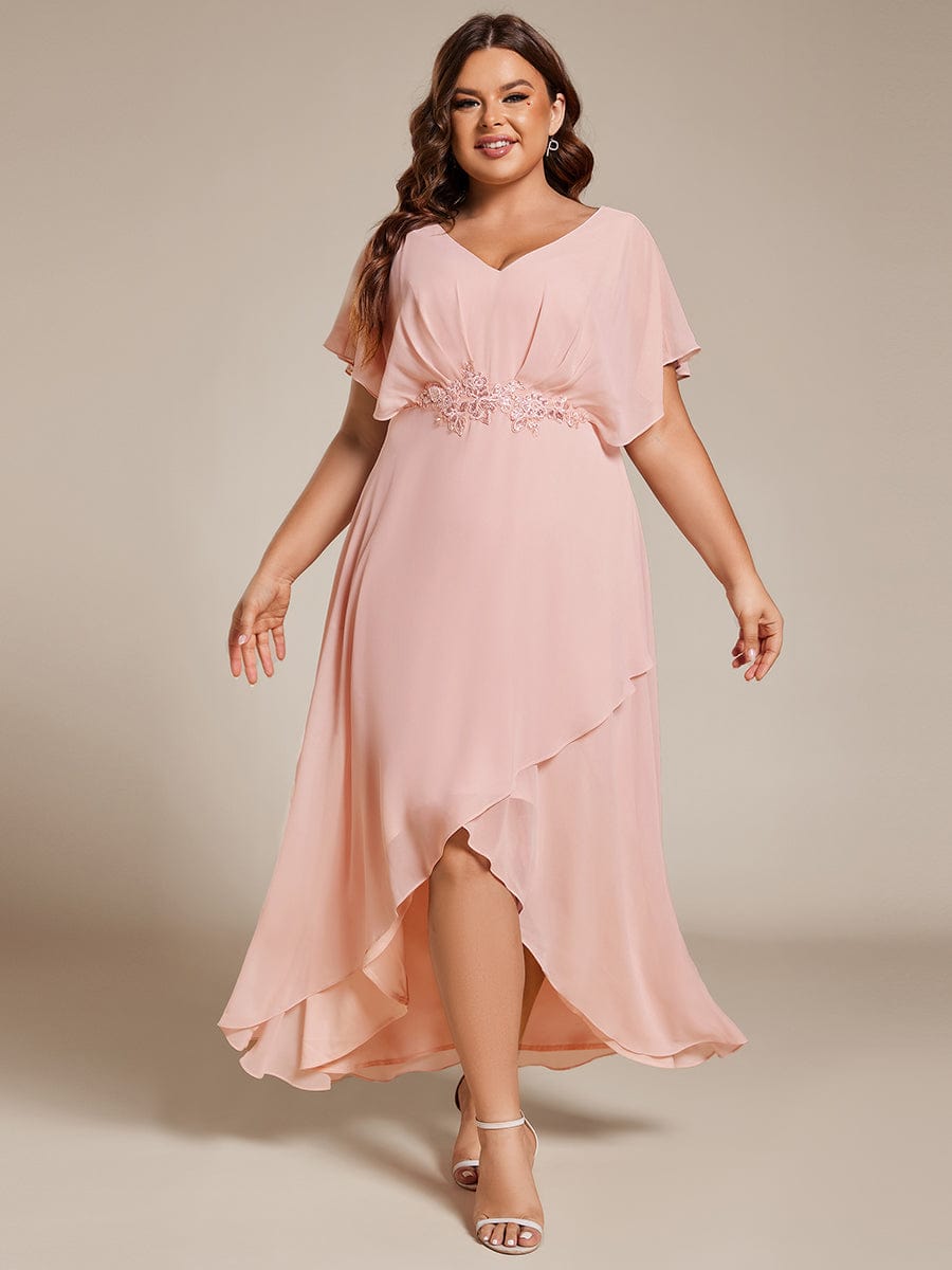 Plus Size V-Neck Chiffon Bat-Wing Sleeve A-Line Waist Applique Formal Dress #color_Pink
