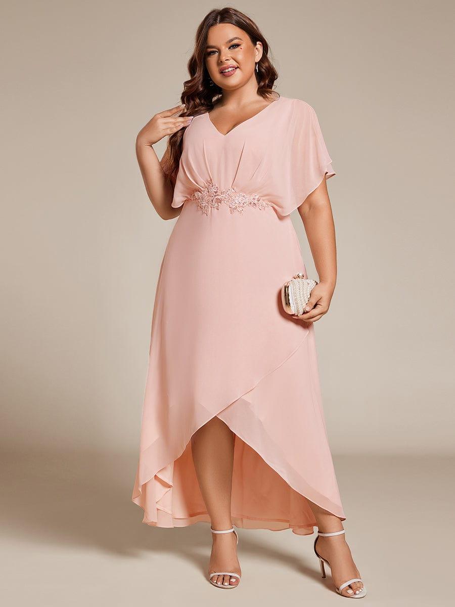 Plus Size Chiffon Midi A-Line Ruffle Sleeves Bridesmaid Dress #color_Pink