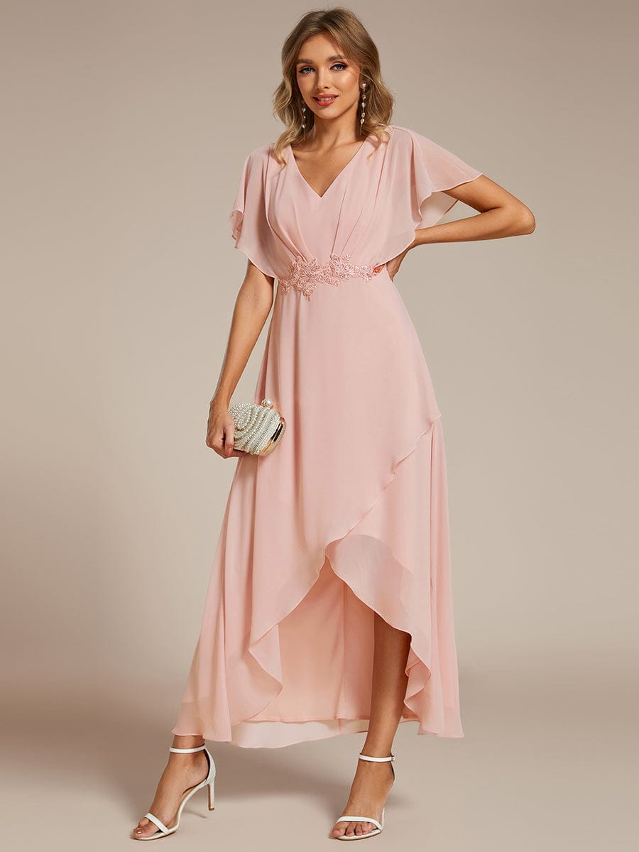 Elegant Short Sleeves A-Line Waist Applique Formal Dress with Lotus Leaf Hem #color_Pink