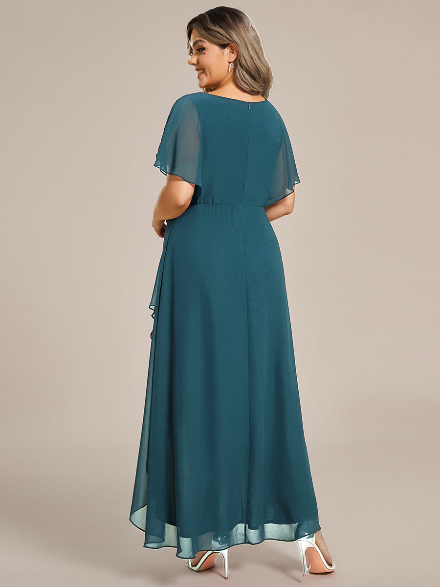 Plus Size V-Neck Chiffon Bat-Wing Sleeve A-Line Waist Applique Formal Dress #color_Teal