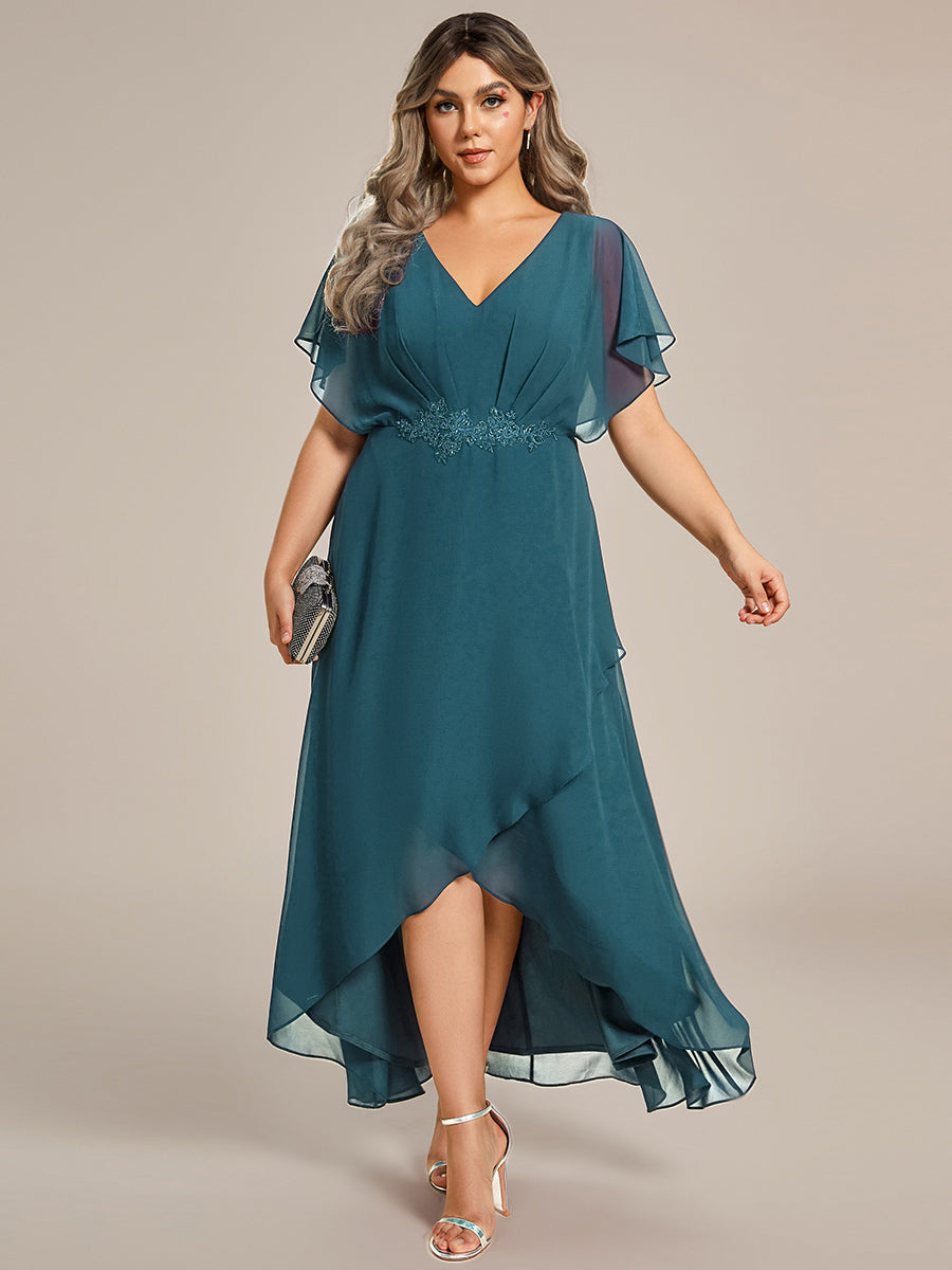 Plus Size V-Neck Chiffon Bat-Wing Sleeve A-Line Waist Applique Formal Dress #color_Teal