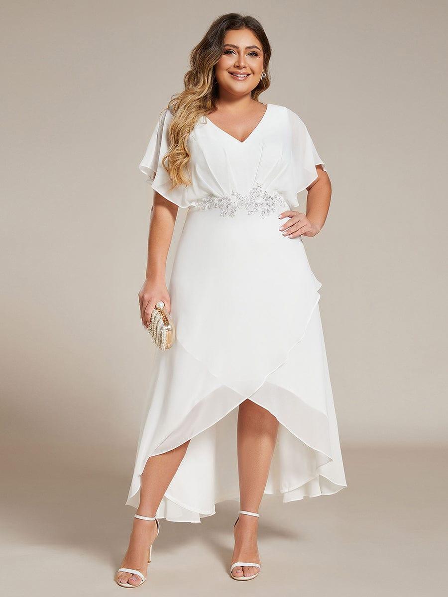 Plus Size Chiffon Midi A-Line Ruffle Sleeves Bridesmaid Dress #color_White