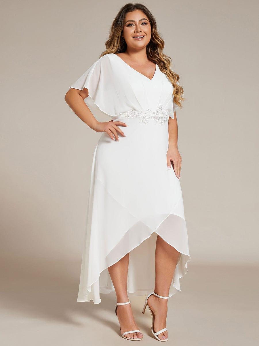 Plus Size V-Neck Chiffon Bat-Wing Sleeve A-Line Waist Applique Formal Dress #color_White
