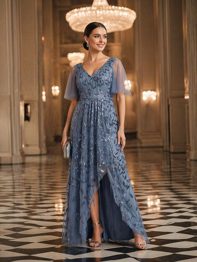 pretty ALIX|Plus Size Short Sleeves Sequin High Low V-Neck Midi Formal Evening Dress Fan Photos 18
