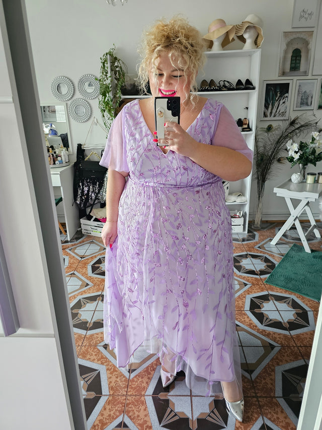 pretty ALIX|Plus Size Short Sleeves Sequin High Low V-Neck Midi Formal Evening Dress Fan Photos 10
