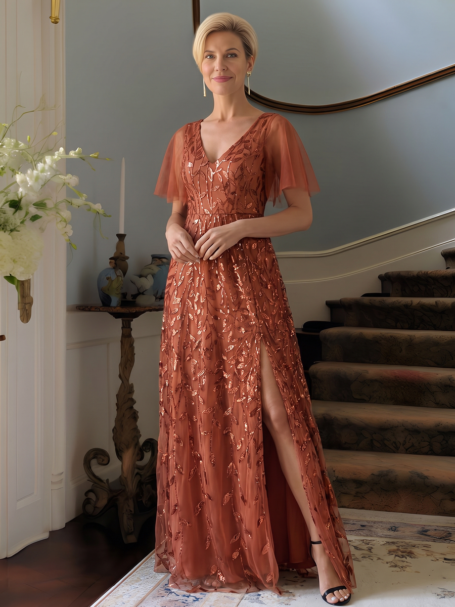 Short Sleeves Sequin High Low V-Neck Midi Formal Evening Dress #color_Burnt Orange