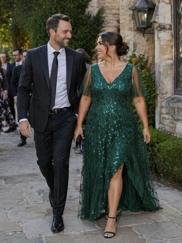 pretty ALIX|Plus Size Short Sleeves Sequin High Low V-Neck Midi Formal Evening Dress Fan Photos 15
