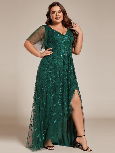 Plus Size Short Sleeves Sequin High Low V-Neck Midi Formal Evening Dress #color_Dark Green