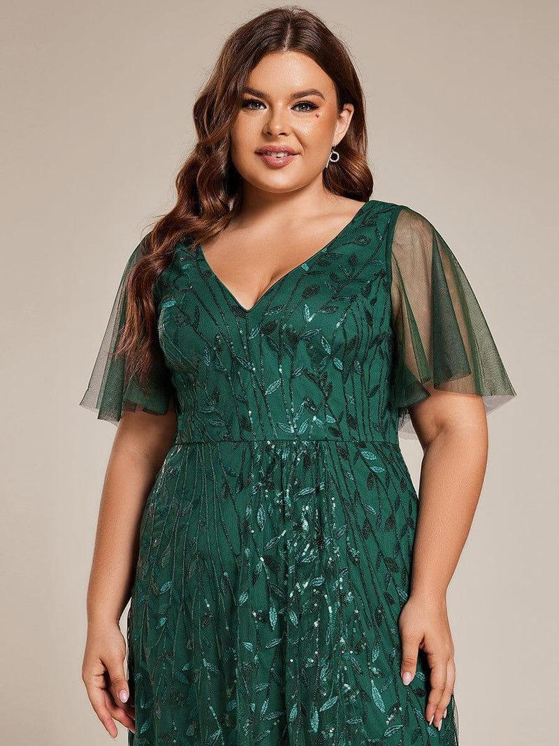 Shop Plus Size Short Sleeves Sequin High Low V-Neck Evening Dress