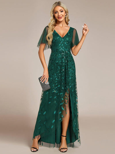 Short Sleeves Sequin High Low V-Neck Midi Formal Evening Dress #color_Dark Green