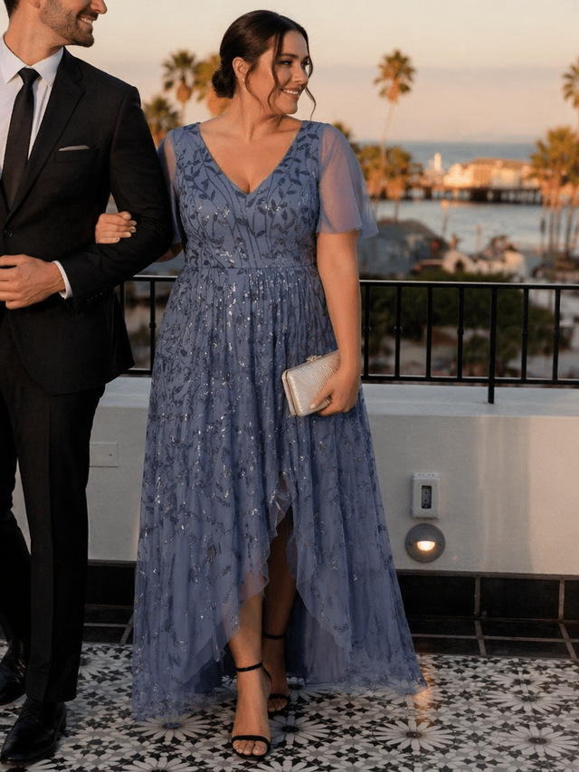 pretty ALIX|Plus Size Short Sleeves Sequin High Low V-Neck Midi Formal Evening Dress Fan Photos 17
