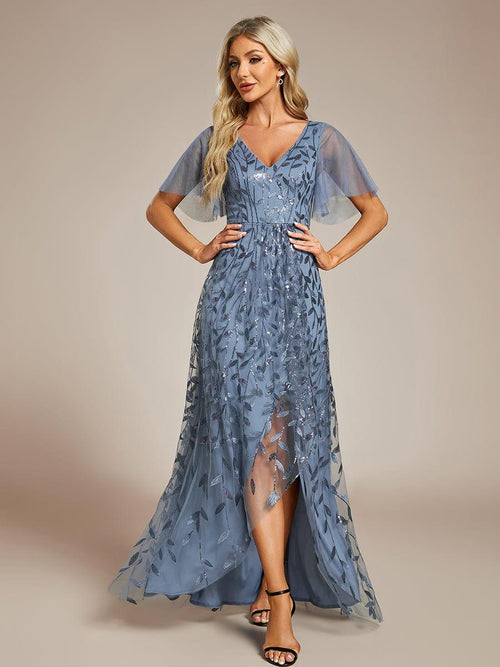 Shop Short Sleeves Sequin High Low V-Neck Midi Evening Dress