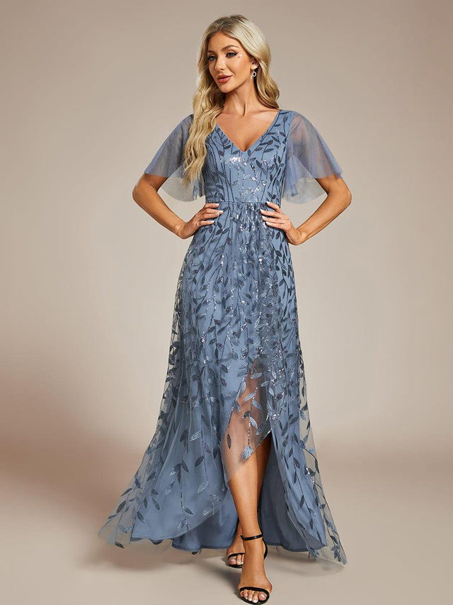 Short Sleeves Sequin High Low V Neck Midi Mother of the Bride & Groom