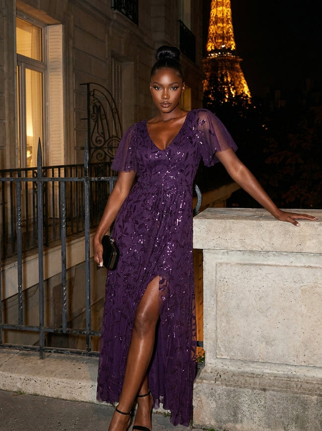 pretty ALIX|Plus Size Short Sleeves Sequin High Low V-Neck Midi Formal Evening Dress Fan Photos 19
