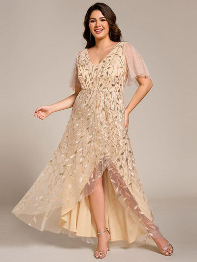 Plus Size Short Sleeves Sequin High Low V-Neck Midi Formal Evening Dress #color_Gold