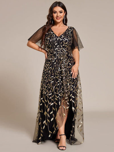 Plus Size Short Sleeves Sequin High Low V-Neck Midi Formal Evening Dress #color_Black & Gold