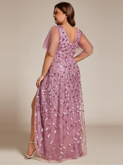 Plus Size Short Sleeves Sequin High Low V-Neck Midi Formal Evening Dress #color_Purple Orchid