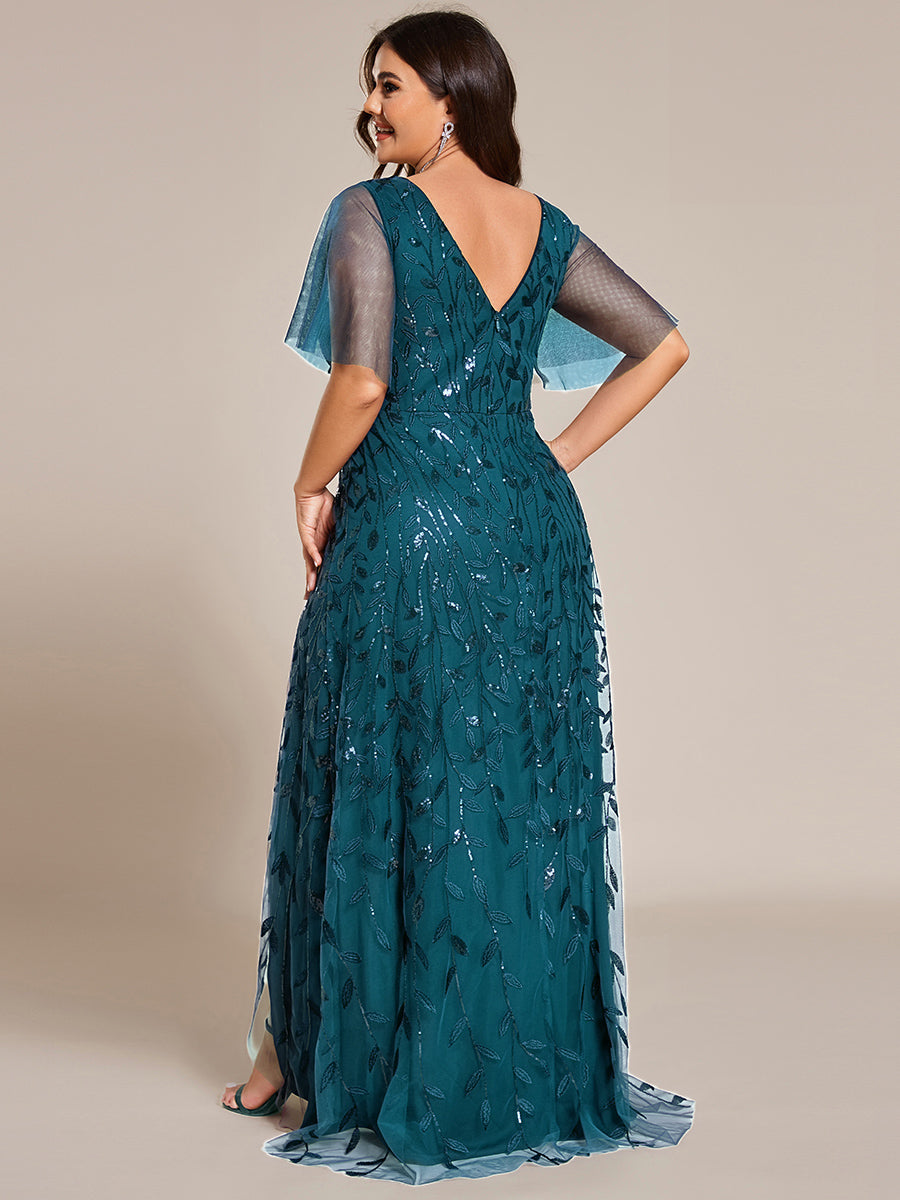 Short Sleeves Sequin High Low V-Neck Midi Formal Evening Dress #color_Teal