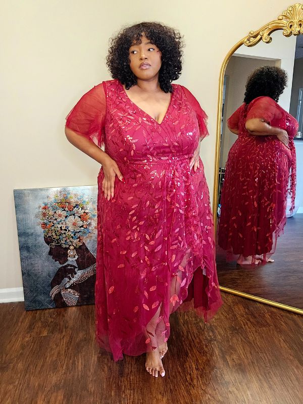 pretty ALIX|Plus Size Short Sleeves Sequin High Low V-Neck Midi Formal Evening Dress Fan Photos 9
