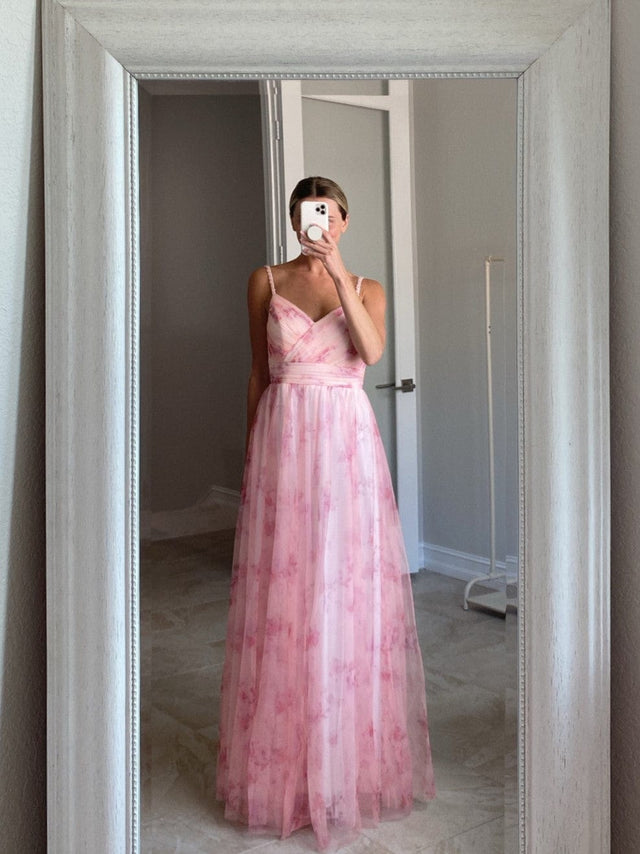 ever EMMIE|Floral Printed Empire Waist Spaghetti Strap Formal Evening Dress with V-Neck Fan Photos 3
