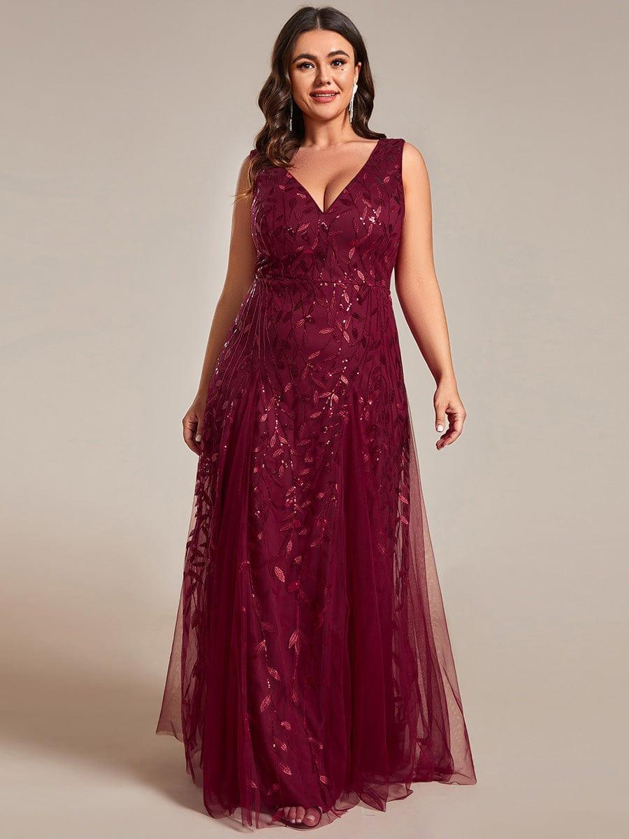 Plus Size Sparkling Sleeveless Leaf Sequin A-Line Formal Evening Dress #color_Burgundy