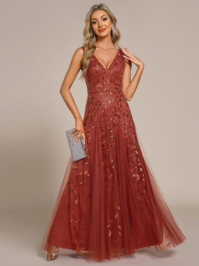 V-Neck Leaf Sequin Sleeveless A-Line Formal Evening Dress with Tulle #color_Burnt Orange